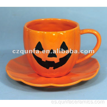 Taza y platillo de calabaza de cerámica decorativos con tema de Halloween